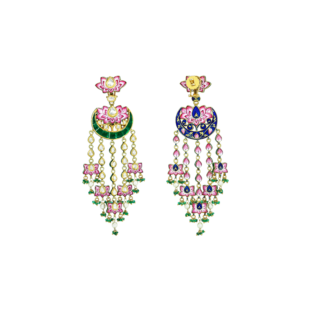 Pink-Green Lotus Enamel Earrings with Polkis